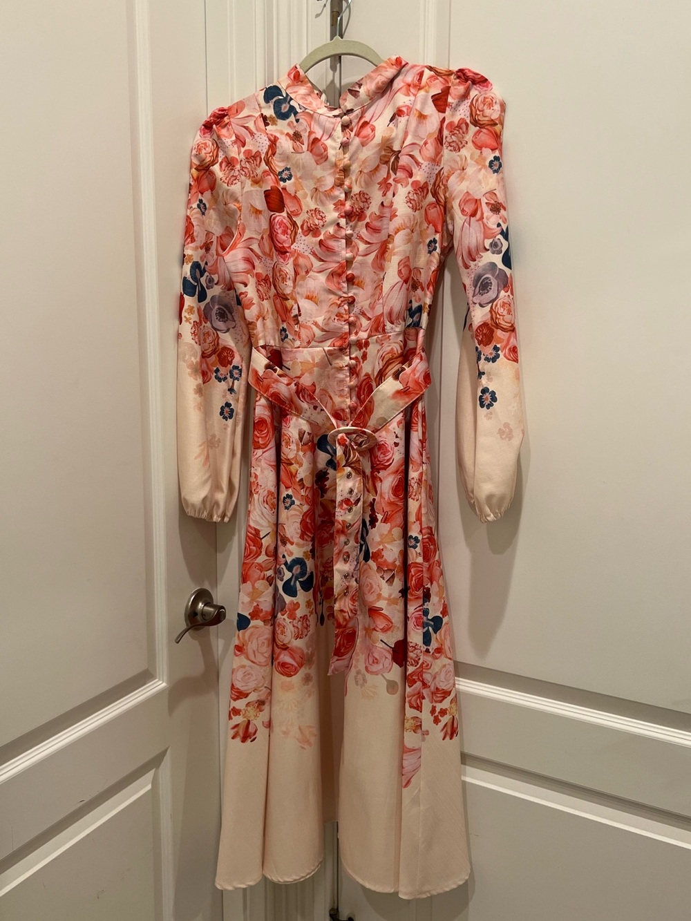 Floral Long-Sleeve Midi Dress in Blush Pink